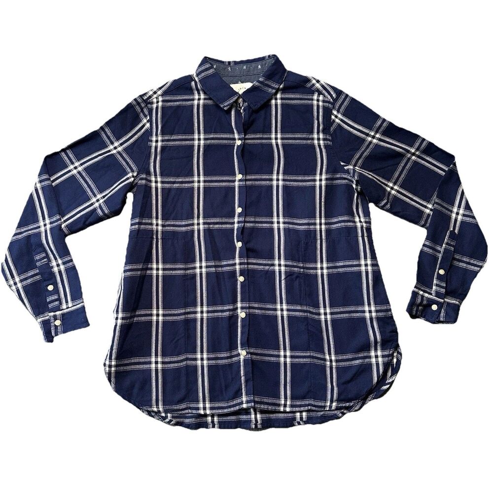 Jachs Girlfriend Womens XL Boyfriend Western Shirt Blue Plaid Pearl Snap Pockets